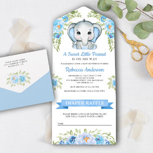 Invitation Tout En Un Baby Shower Éléphant Floral Bleu Mignon