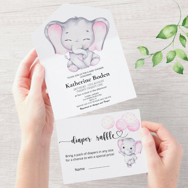 Invitation Tout En Un Baby shower Eléphant Rose Tout en un (Créateur téléchargé)