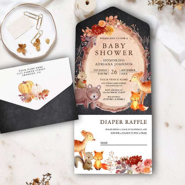 Invitation Tout En Un Baby shower en damier pour animaux forestiers (Créateur téléchargé)