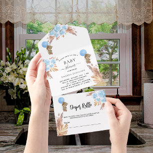 Invitation Tout En Un Baby shower en peluche pampas garçon baudrier fleu