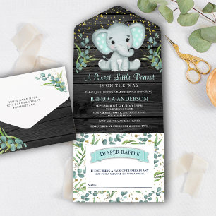 Invitation Tout En Un Baby Shower Eucalyptus Verdure Eléphant Bois Gris