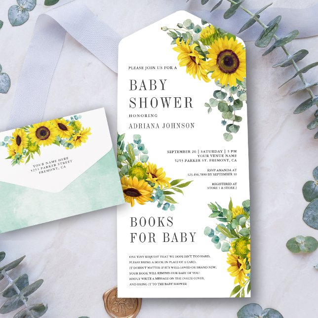Invitation Tout En Un Baby shower Feuille des tournesols rustiques Eucal (Créateur téléchargé)