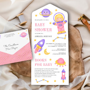 Invitation Tout En Un Baby Shower Fille Astronaute Rose Mignonne Espace 