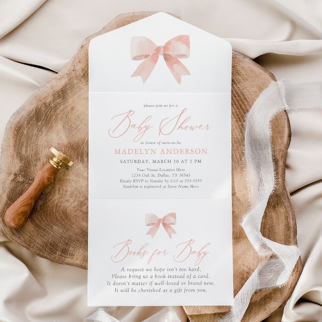 Invitation Tout En Un Baby shower fille Bow Aquarelle rose (Créateur téléchargé)