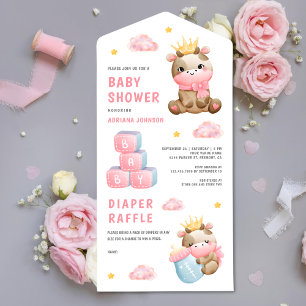 Invitation Tout En Un Baby shower fille de la reine rose mignonne