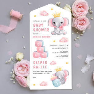 Invitation Tout En Un Baby shower fille Eléphant Reine Rose mignonne