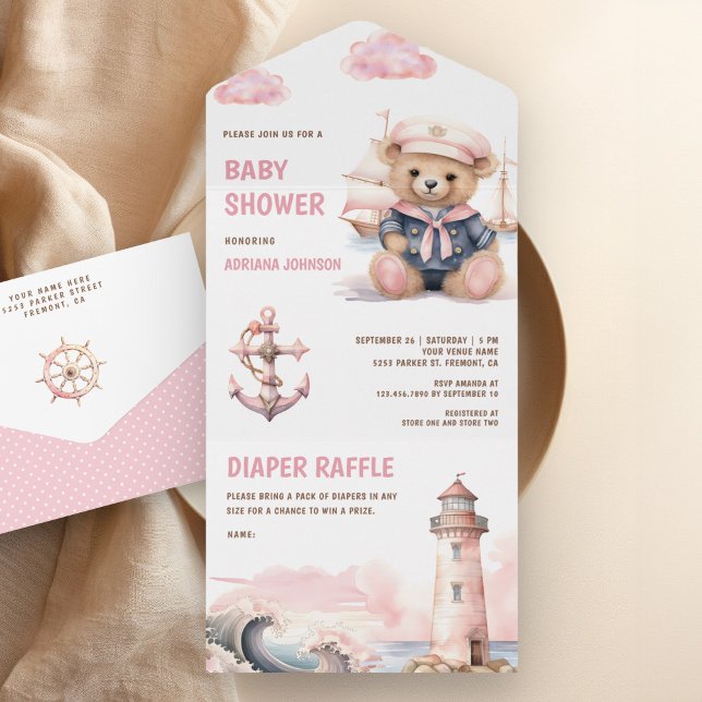 Invitation Tout En Un Baby shower fille Nautique à ours en peluche rose  (Créateur téléchargé)