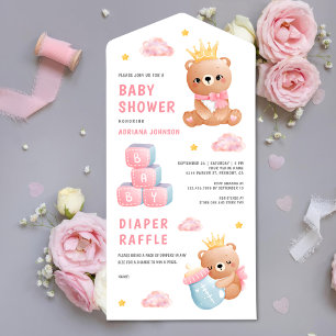 Invitation Tout En Un Baby shower fille ours rose mignonne Reine Teddy