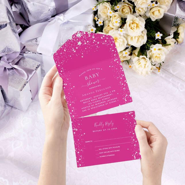 Invitation Tout En Un Baby shower fille rose blanc étoiles RSVP (Créateur téléchargé)