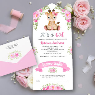 Invitation Tout En Un Baby Shower Fleur Aquarelle Rose Girafe