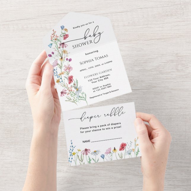 Invitation Tout En Un Baby shower fleur sauvage (Déchirure)