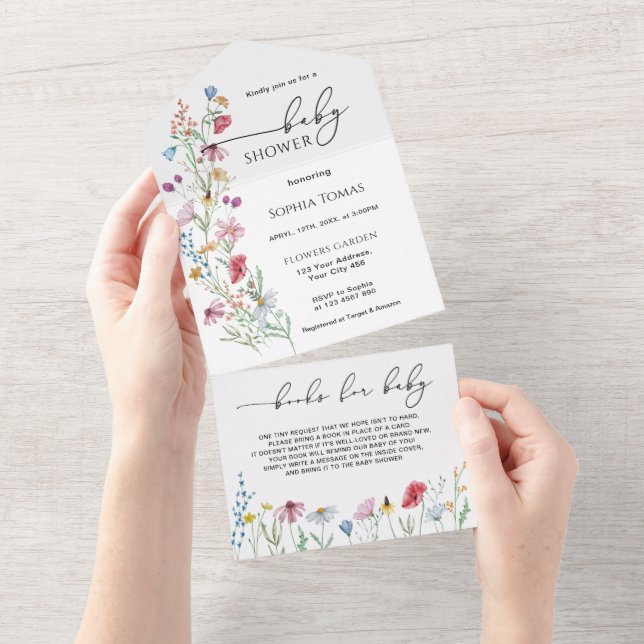 Invitation Tout En Un Baby shower fleur sauvage (Déchirure)