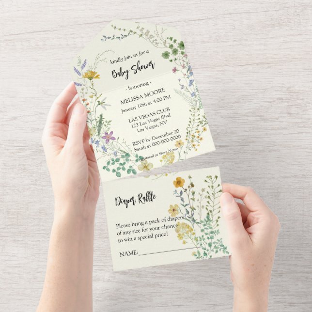 Invitation Tout En Un Baby shower Fleur sauvage Boho (Déchirure)