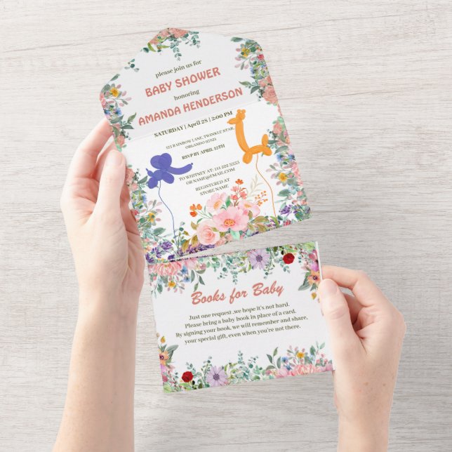 Invitation Tout En Un Baby shower floral à bulle de girafe d'éléphant mi (Déchirure)