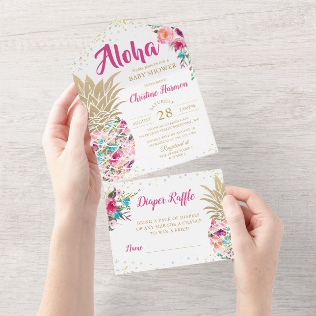 Invitation Tout En Un Baby shower Floral Ananas Rose et Raffle de couche (Déchirure)
