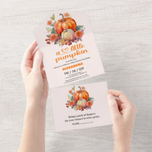Invitation Tout En Un Baby shower floral de petite citrouille