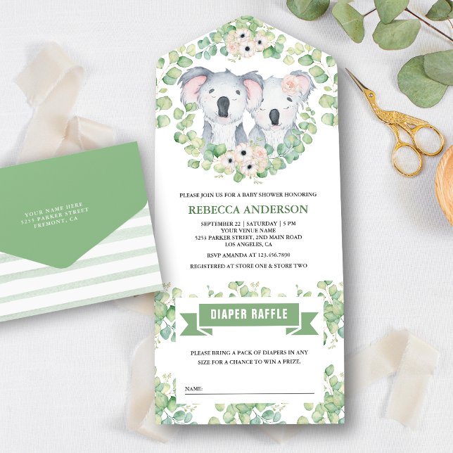 Invitation Tout En Un Baby shower floral Eucalyptus Cute Koala Twins (Créateur téléchargé)