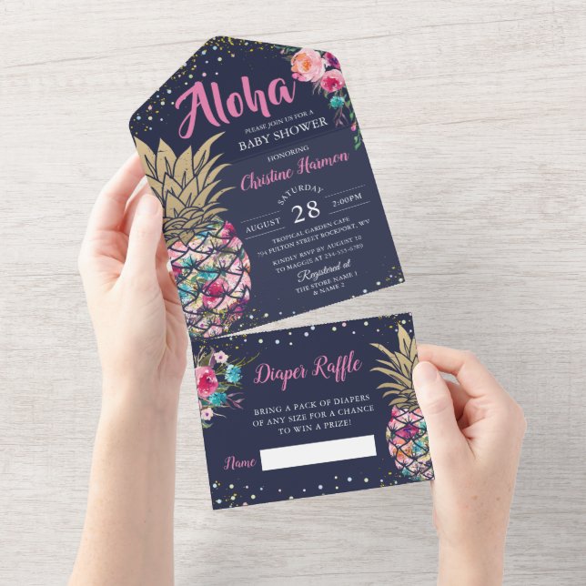 Invitation Tout En Un Baby shower Floral Marine bleu rose ananas (Déchirure)