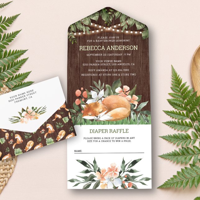 Invitation Tout En Un Baby shower forestier rustique du renard couché au (Créateur téléchargé)