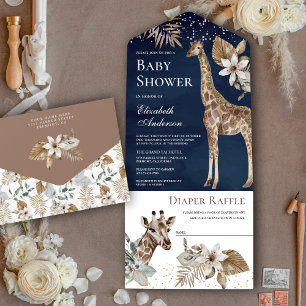 Invitation Tout En Un Baby Shower Girafe Sauvage Bohème Bleu Marine