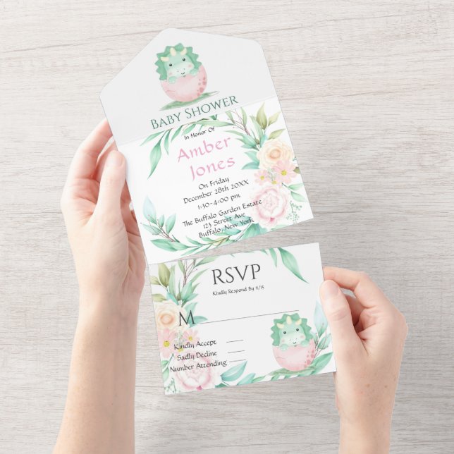 Invitation Tout En Un Baby shower Green Pink Cute Dinosaur Peony (Déchirure)