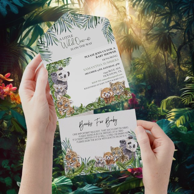 Invitation Tout En Un Baby shower Jungle mignonne Animaux Végétation (Créateur téléchargé)