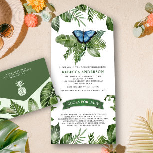 Invitation Tout En Un Baby Shower Jungle Tropical Papillon Bleu Rustique