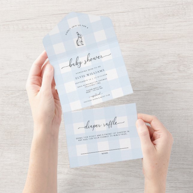 Invitation Tout En Un Baby shower lapin En vichy bleu (Déchirure)