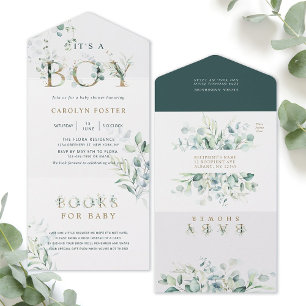 Invitation Tout En Un Baby Shower Lettre Dorée Botanique   Livres Pour B