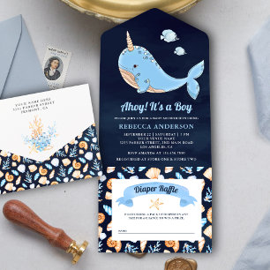 Invitation Tout En Un Baby Shower Licorne de Mer Bleu Marine Sous l'Océa