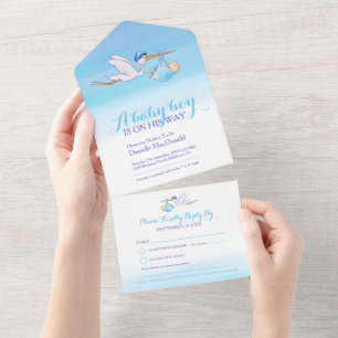 Invitation Tout En Un Baby shower livraison de cigogne aquarelle bleu