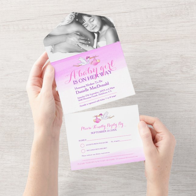 Invitation Tout En Un Baby shower livraison de cigogne aquarelle rose ph (Déchirure)