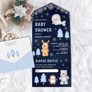 Invitation Tout En Un Baby-Shower Marin Bleu Animaux Arctiques Hiver
