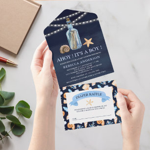 Invitation Tout En Un Baby Shower "Message dans une bouteille vintage bl