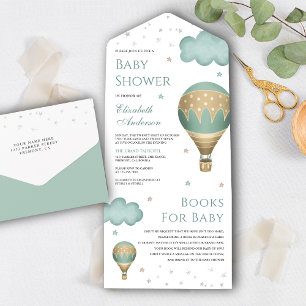 Invitation Tout En Un Baby Shower Montgolfière Verte Rétro Vintage