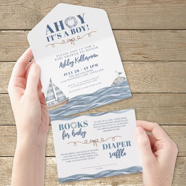 Invitation Tout En Un Baby shower Nautical Ocean Boy (Nautical Ocean Boy Baby Shower All in One Invitation)