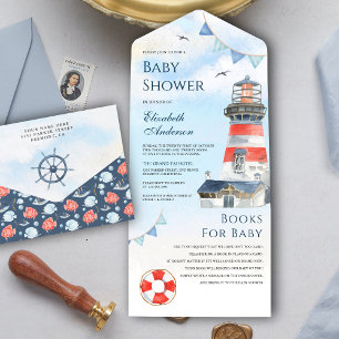 Invitation Tout En Un Baby shower nautique Rustique du phare d'aquarelle