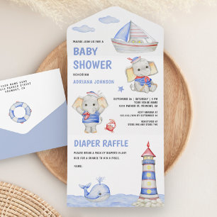 Invitation Tout En Un Baby shower nautique rustique Eléphant mignon