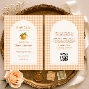 Invitation Tout en Un Baby Shower Orange à Carreaux Mignonne
