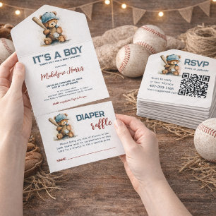 Invitation Tout En Un Baby Shower Ours en peluche de baseball Bory