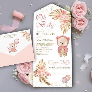 Invitation Tout En Un Baby Shower Ours en Teddy Rose Floral Pampas Bohèm