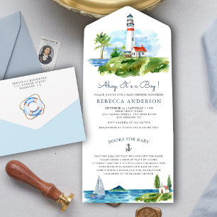 Invitation Tout En Un Baby Shower Phare Aquarelle Marin