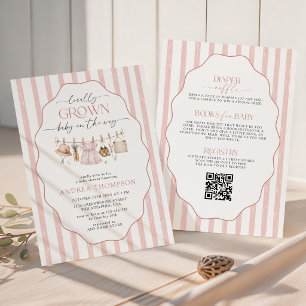 Invitation Tout en Un Baby Shower Rayures Roses Cultivé Local