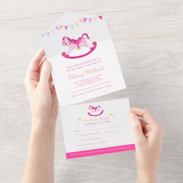 Invitation Tout En Un Baby shower rocking hobby cheval rose aquarelle al (Déchirure)