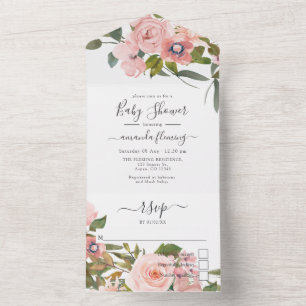 Invitation Tout En Un Baby Shower Rose et Or Floral