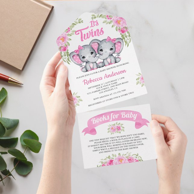 Invitation Tout En Un Baby shower rose Floral Eléphant Twin Girls (Créateur téléchargé)
