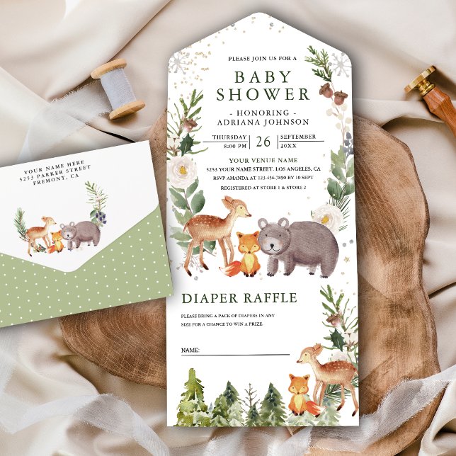 Invitation Tout En Un Baby shower Rustique Bois Forêt Cute Animaux (Créateur téléchargé)