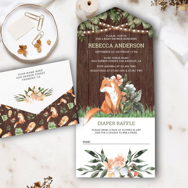 Invitation Tout En Un Baby shower rustique bois mou renard bois (Créateur téléchargé)