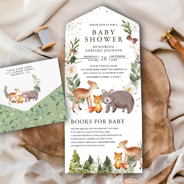 Invitation Tout En Un Baby shower Rustique Cute Woodland Forest Animaux (Créateur téléchargé)