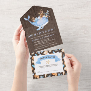 Invitation Tout En Un Baby shower rustique en bois de baleine bleu marin